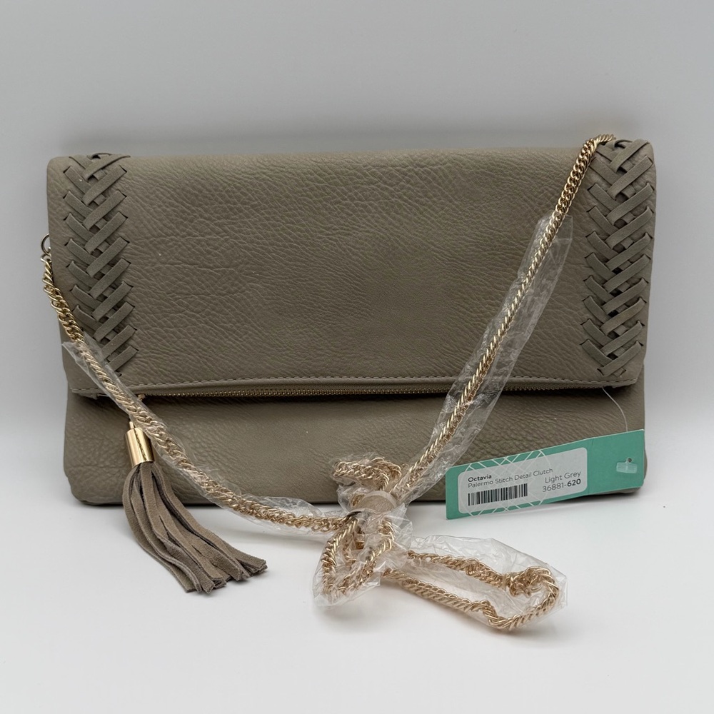 Octavia Palermo Stitch‎ Detail Clutch Crossbody Light Grey Gold Tassel NWT
